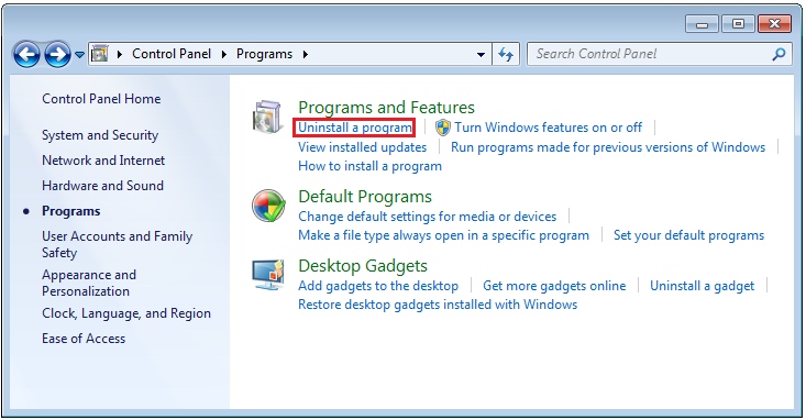 click Uninstall a program
