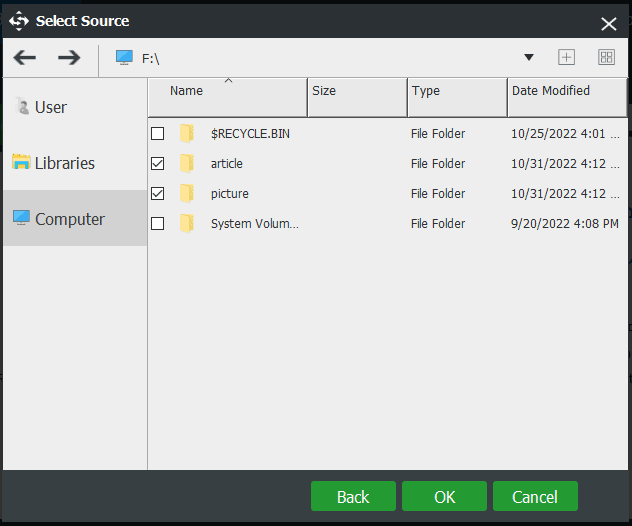 choose needed files to back up