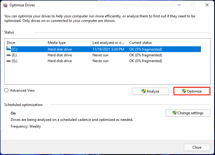 Desfragmentación de disco de Windows 11