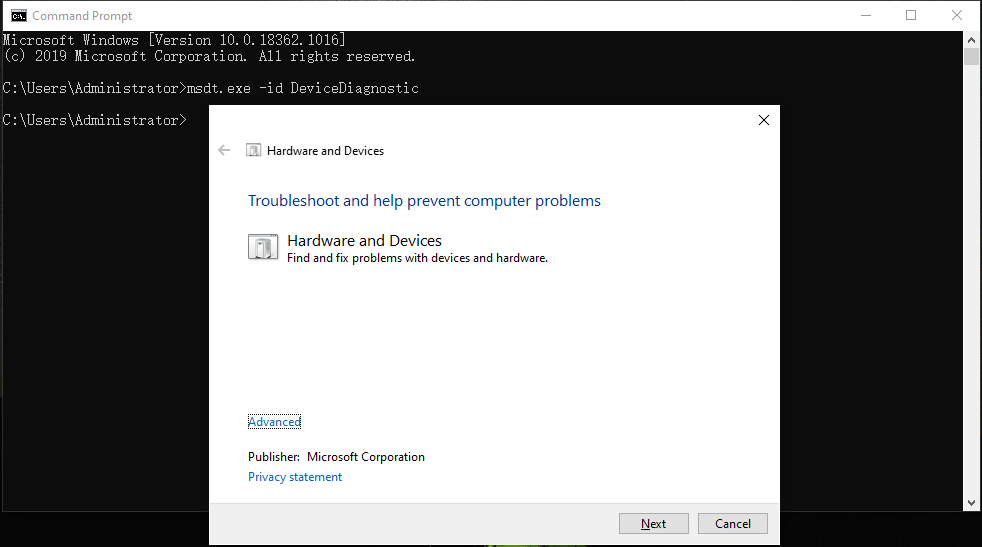 open Hardware and Devices Troubleshooter