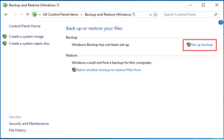 click the Set up backup button