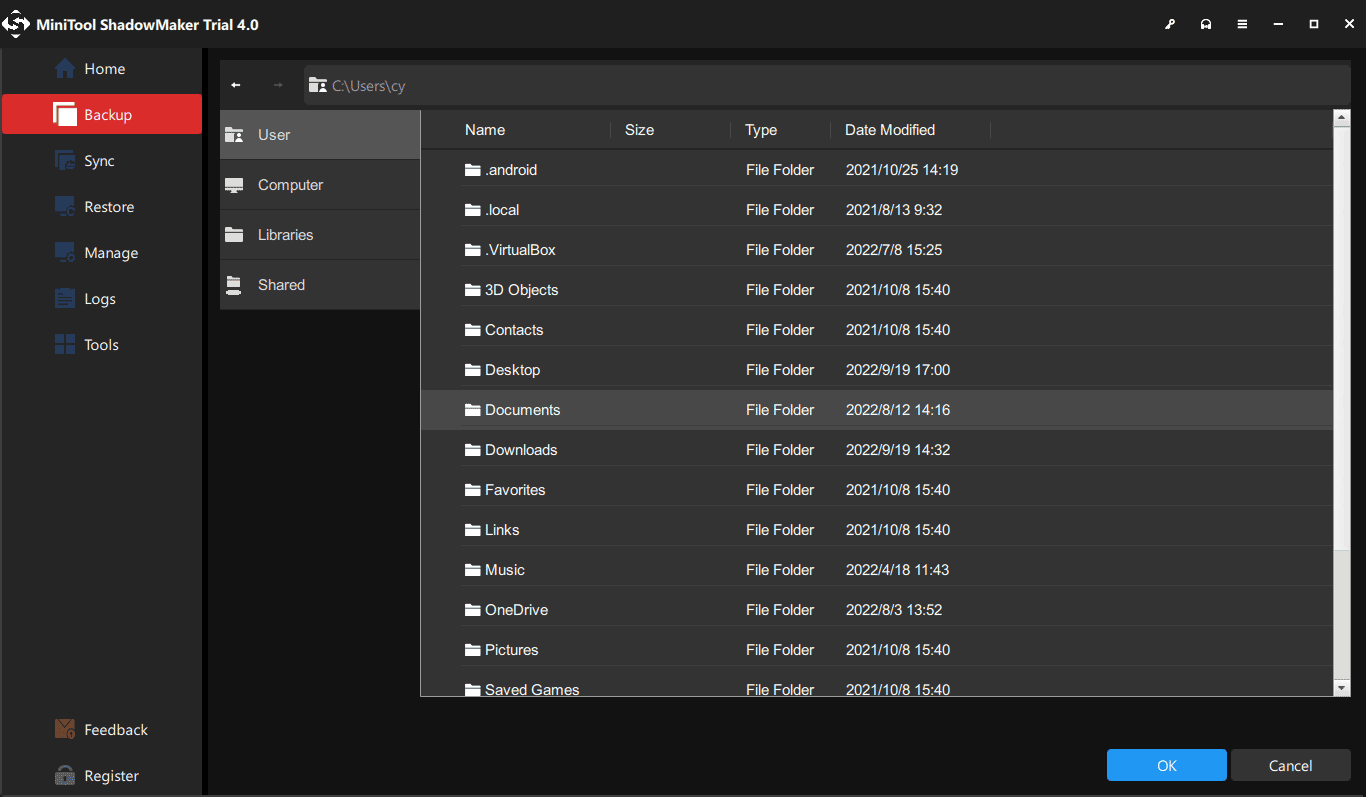 back up files to users folder
