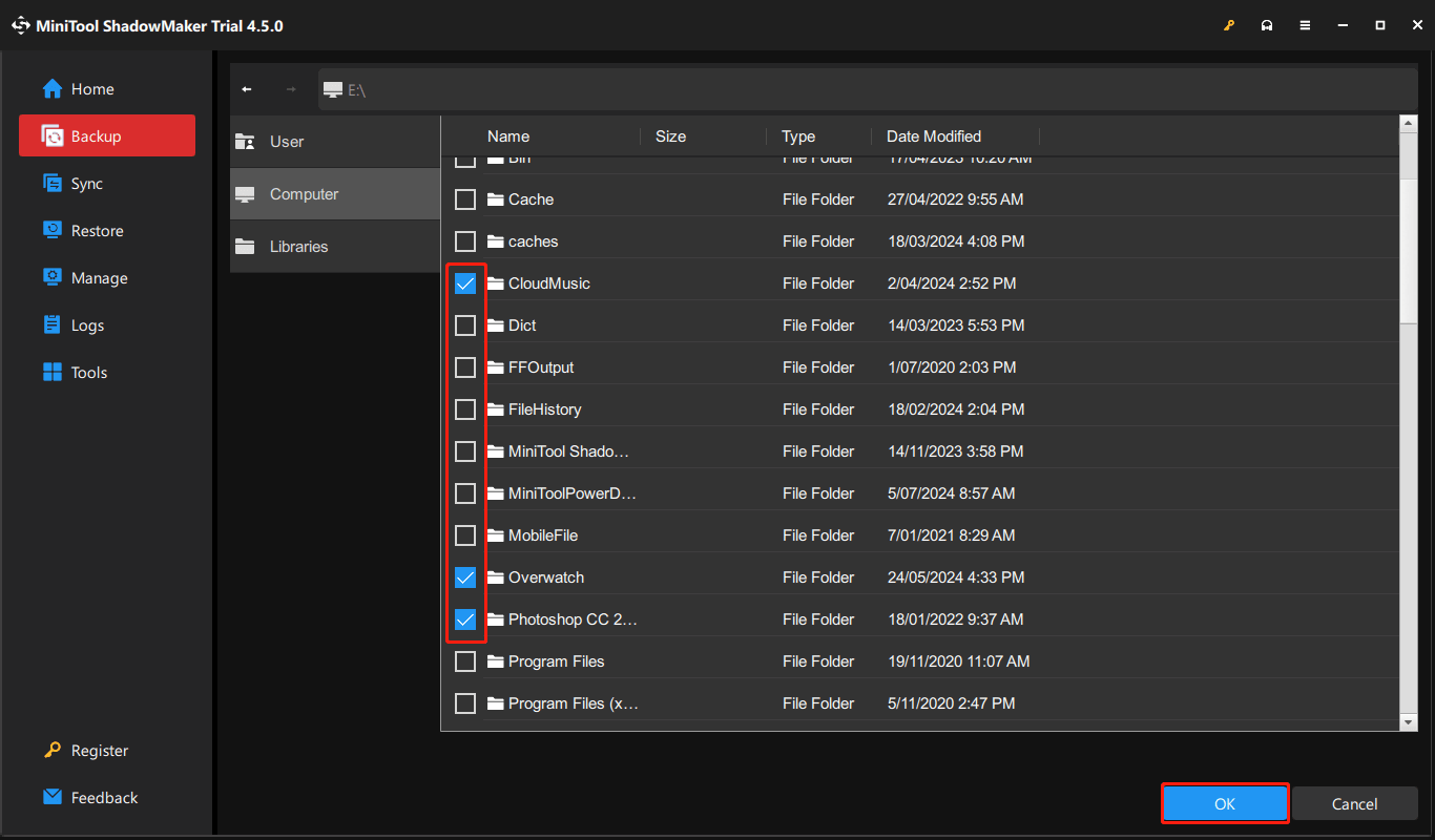 check the specific files you want to back up