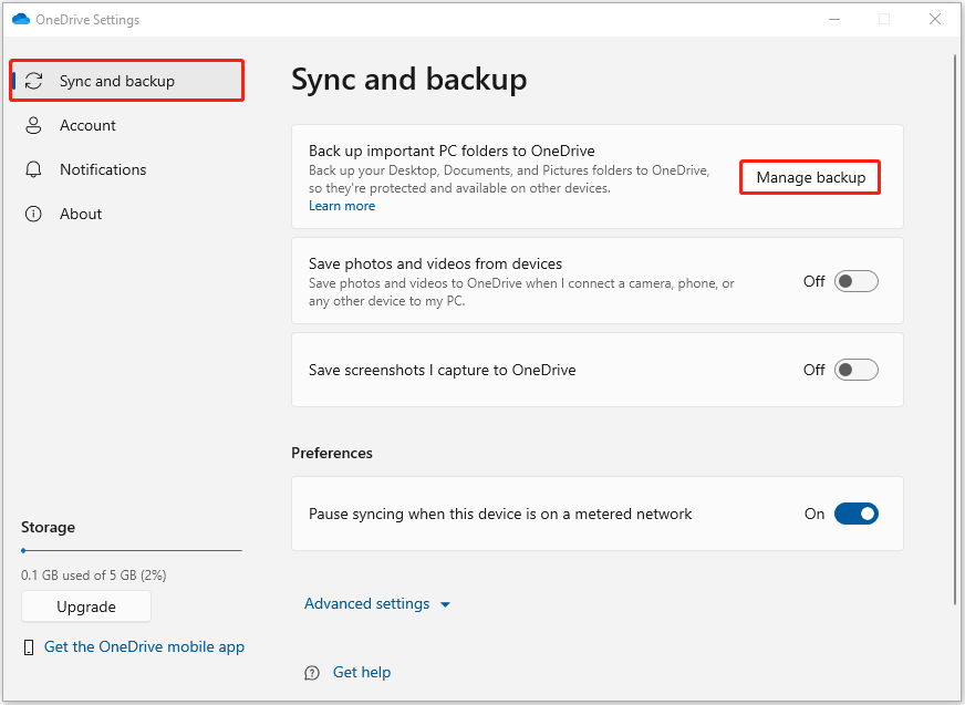 choose Manage backup
