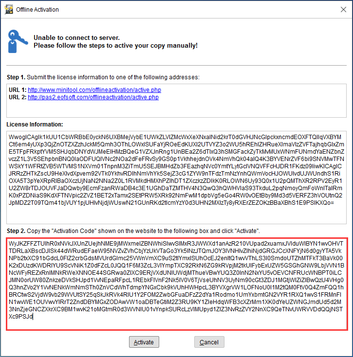 copy activation code to the box