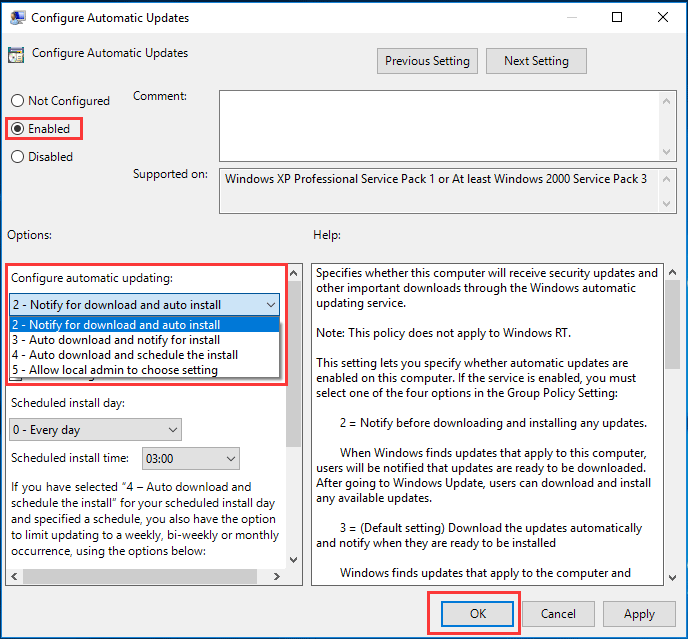 choose Notify for download and auto install and click OK to continue
