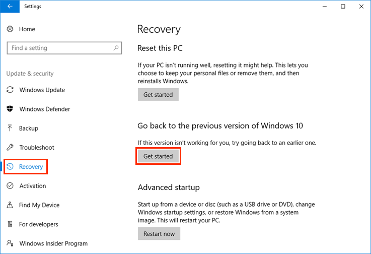 go back to the previous version of Windows 10