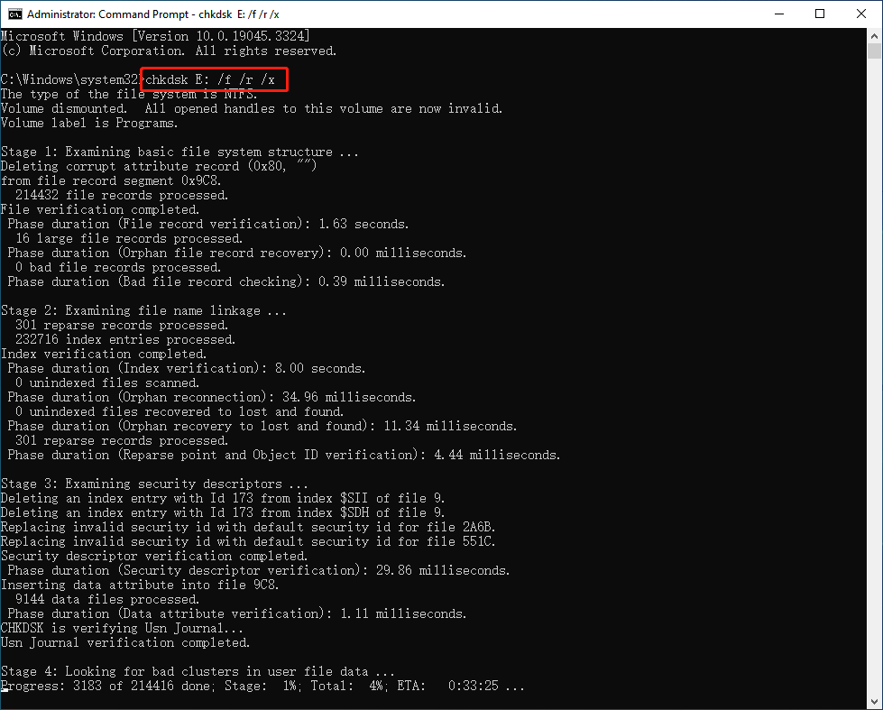 run chkdsk /f /r /x