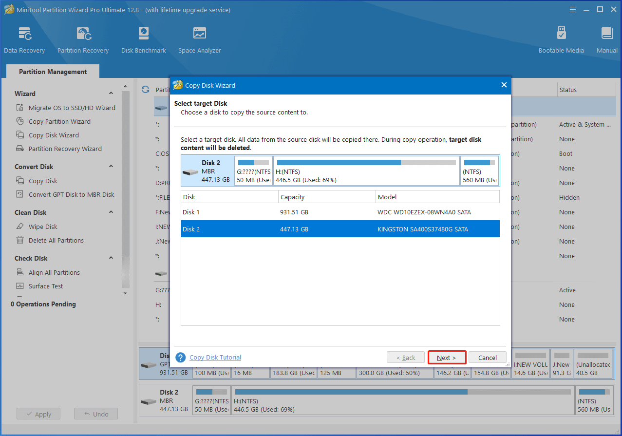 choose the destination disk in MiniTool Partition Wizard