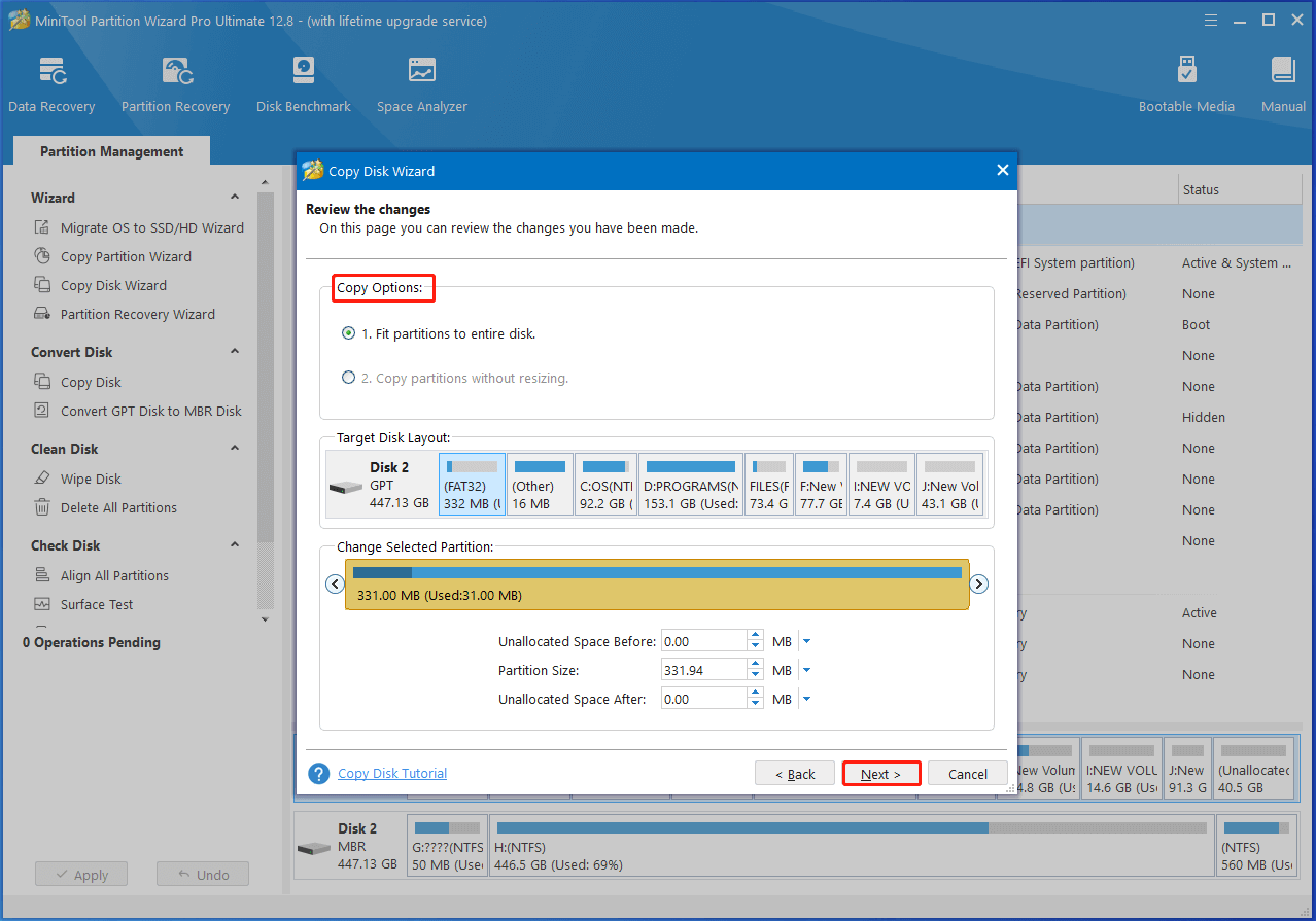 choose copy options in MiniTool Partition Wizard