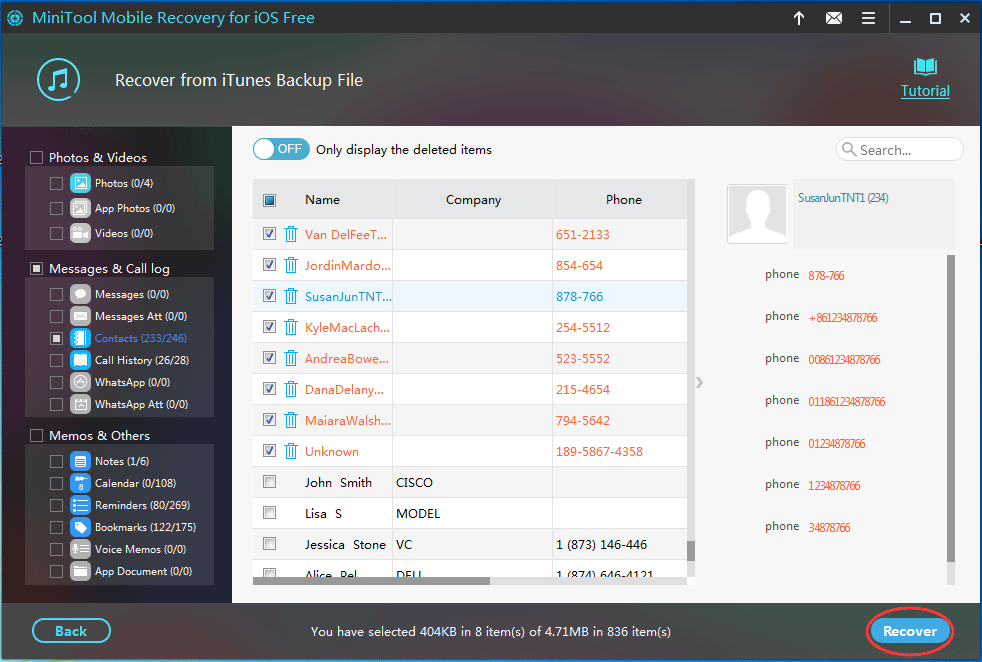 select the contacts to recover
