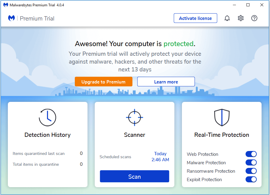 the main interface of Malwarebytes