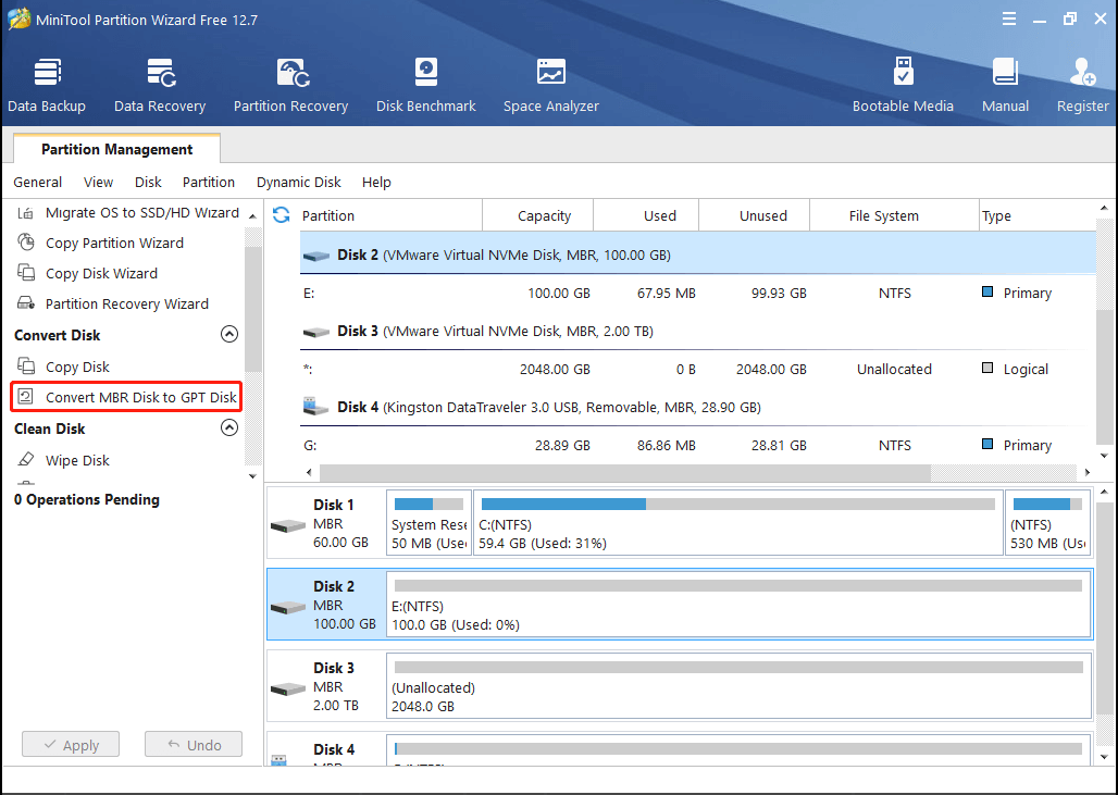 MiniTool Partition Wizard convert disk to GPT or MBR