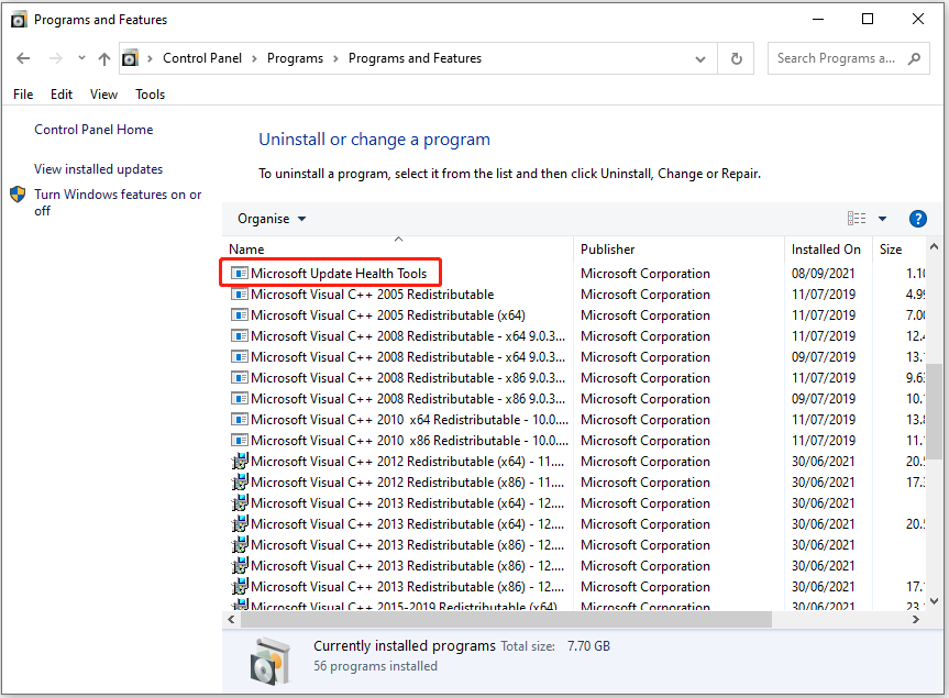 Microsoft Update Health Tools in Control Panel