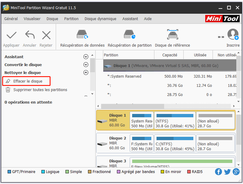 cette fonction offre cinq méthodes de nettoyage comme Nettoyer la partition