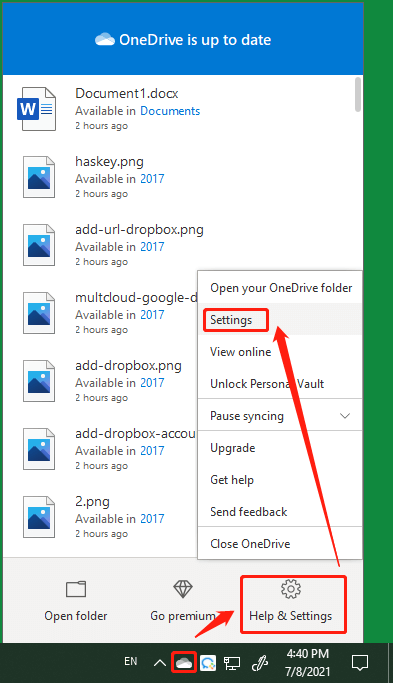 select settings in OneDrive