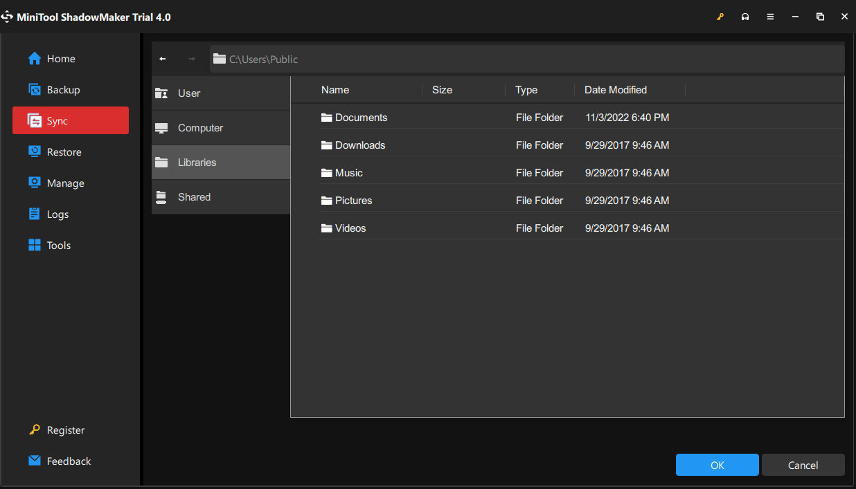 Choose destination folder from libraries
