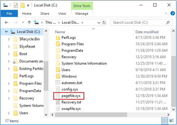 the location of the pagefile.sys file