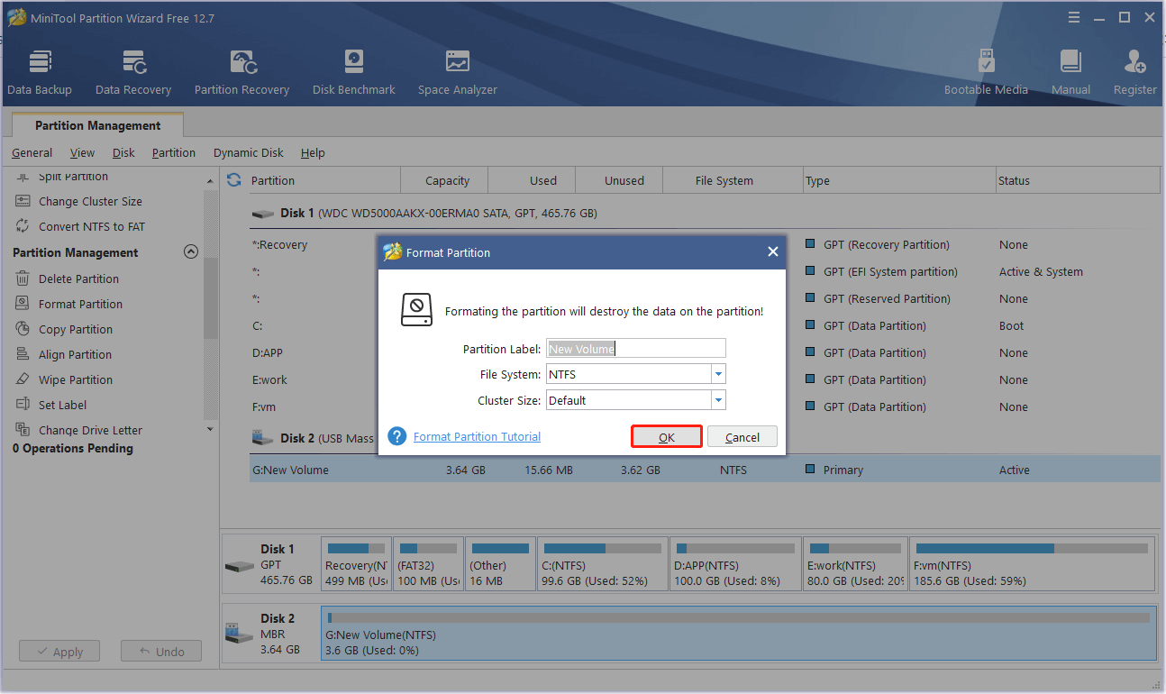 set the partition label, file system, and cluster size