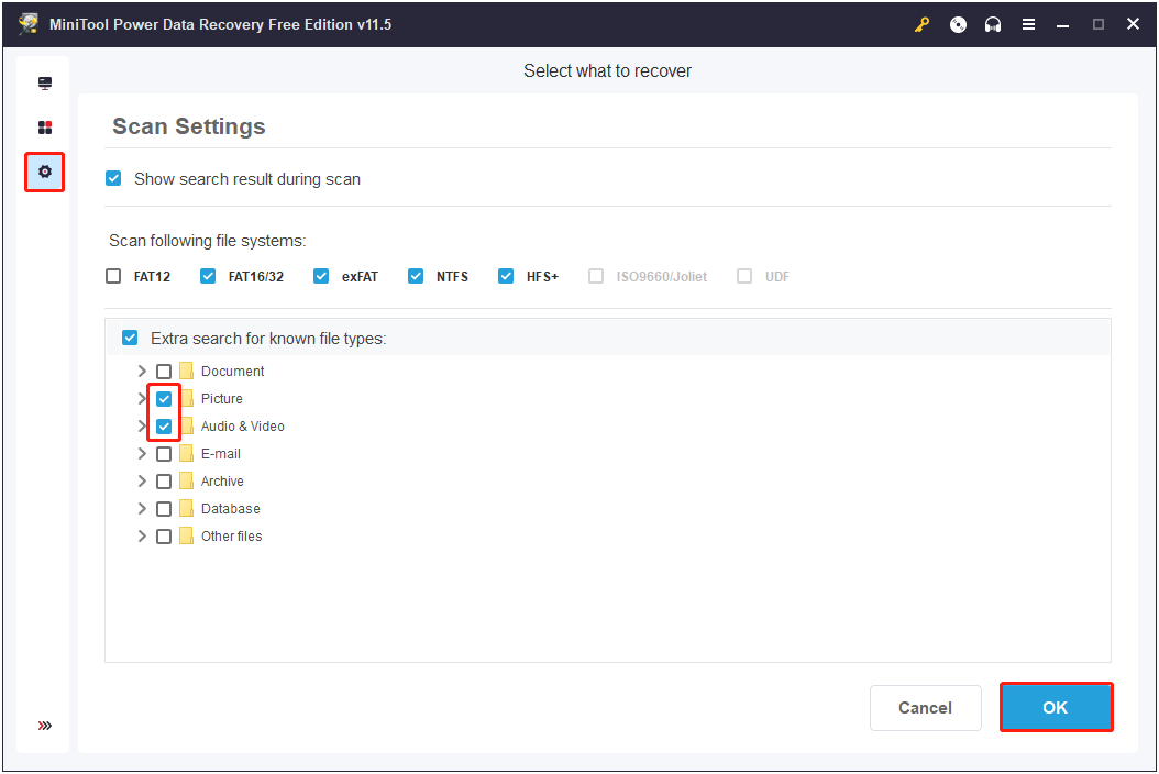 choose the needed file types