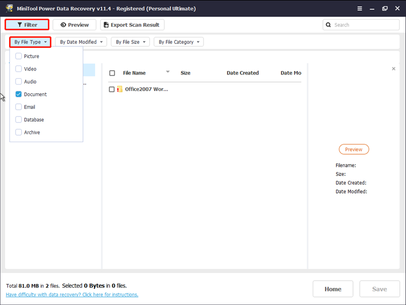 filter the files using the Filter feature