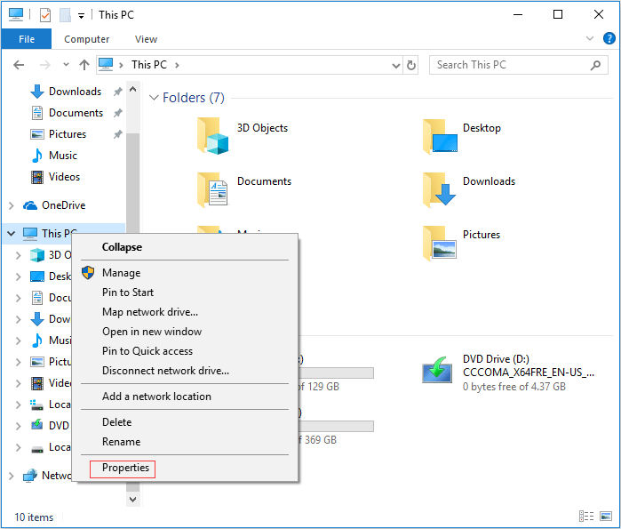 cliquez avec le bouton droit sur ce PC, puis cliquez sur Proprietes