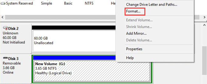 format in Disk Management