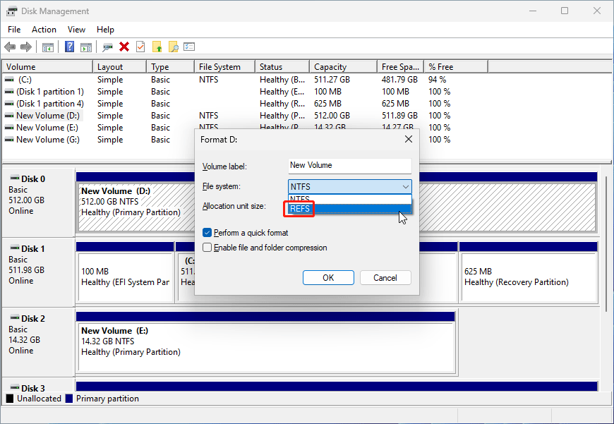 select ReFS for the partition