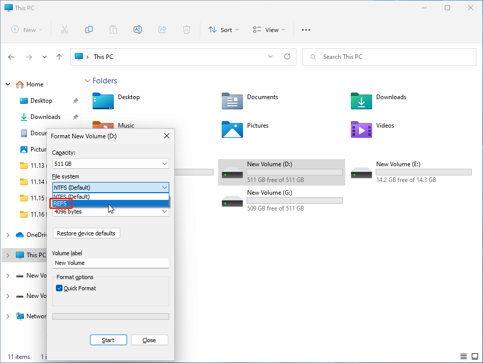 format the partition to ReFS in File Explorer
