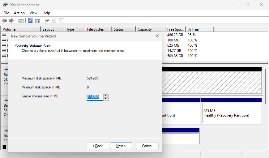 specify volume size
