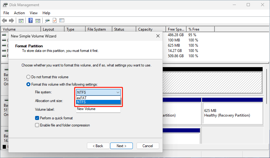 select a file system for the partition you want to create