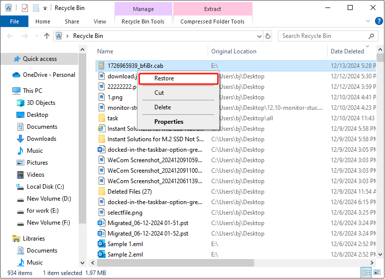 recover deleted CAB files from the Recycle Bin