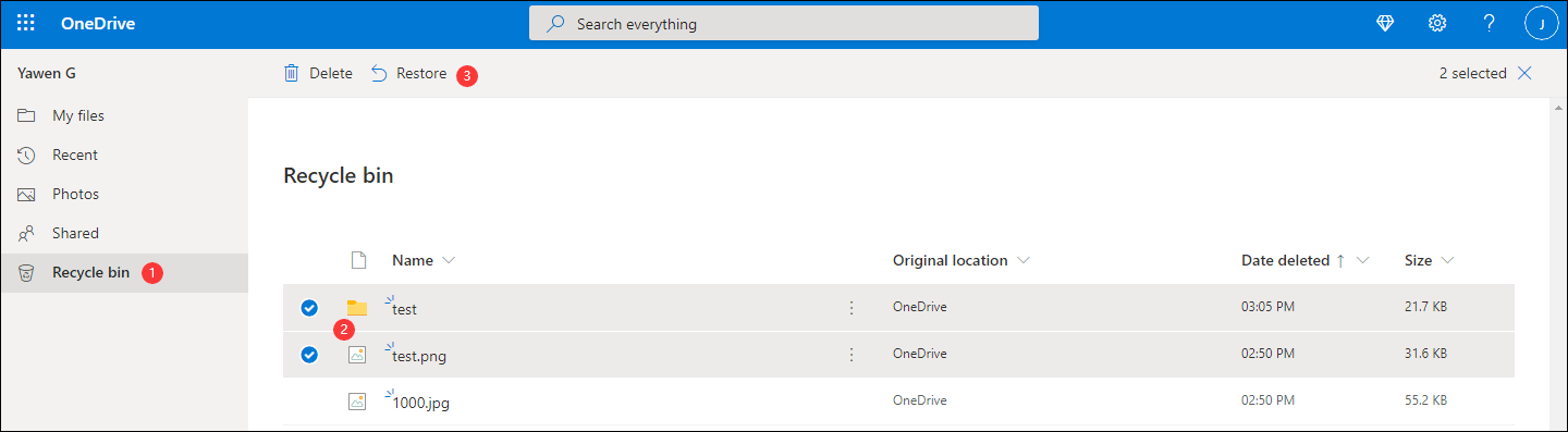 OneDrive Recycle bin recover deleted files and folders