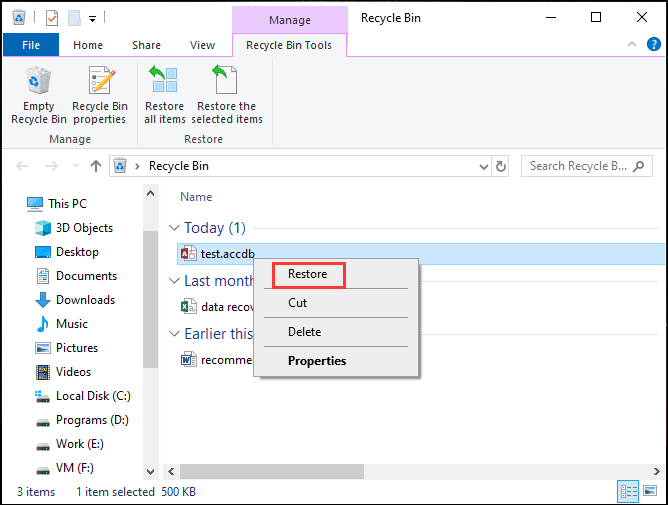restore files from Windows Recycle Bin