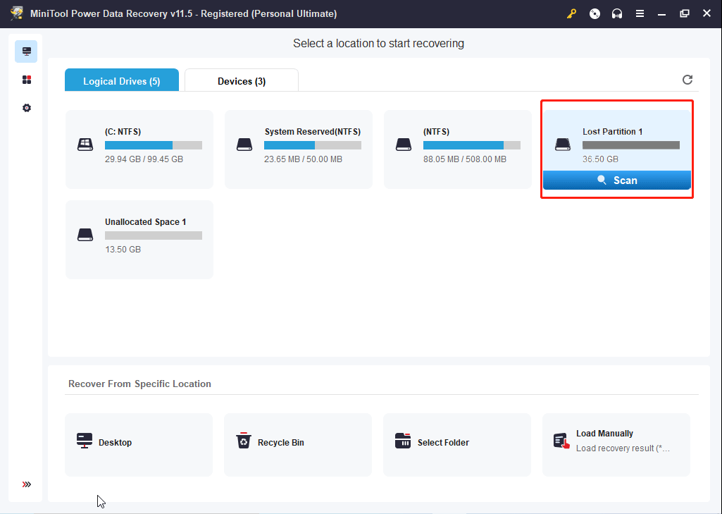 select the target lost partition to scan