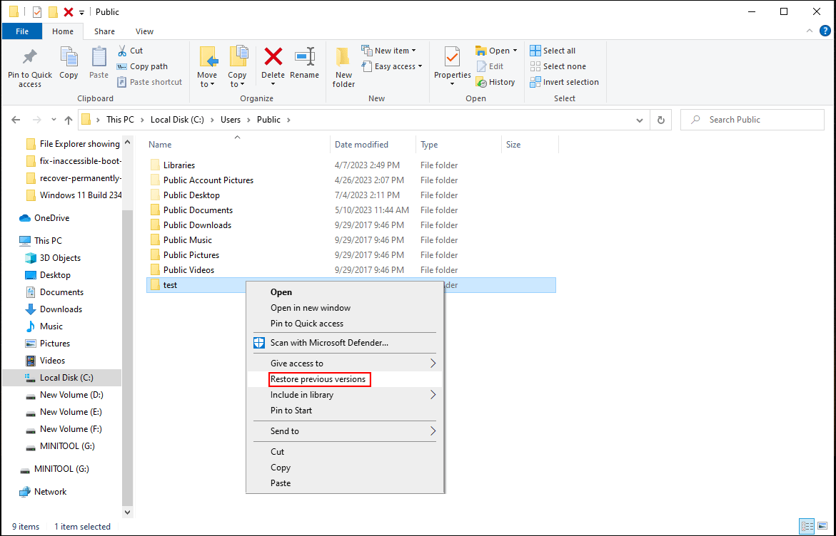 choose Restore previous versions