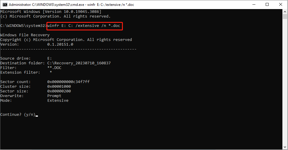 run the winfr command