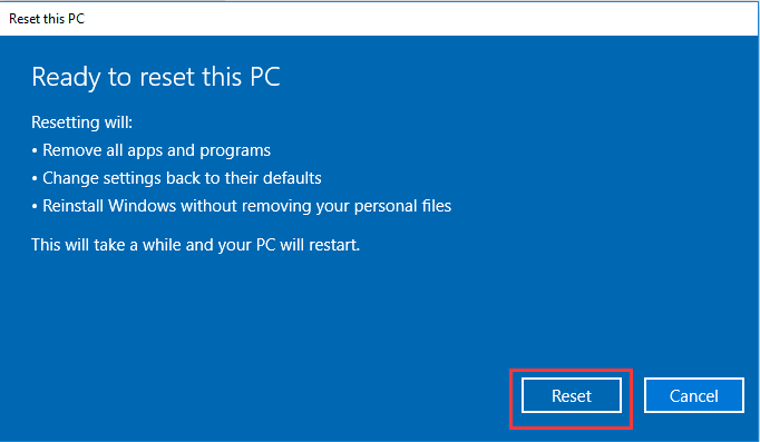 read the notice carefully and click Reset to continue 