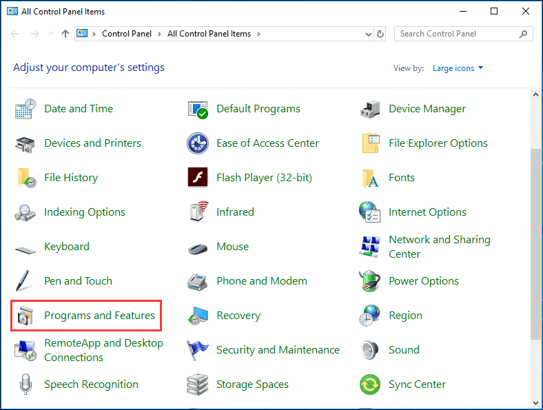 choose Programs and Features to continue