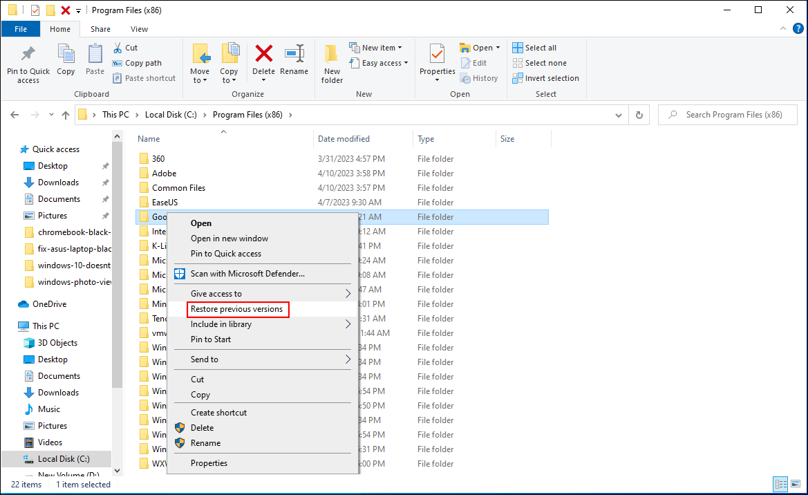 select Restore previous versions
