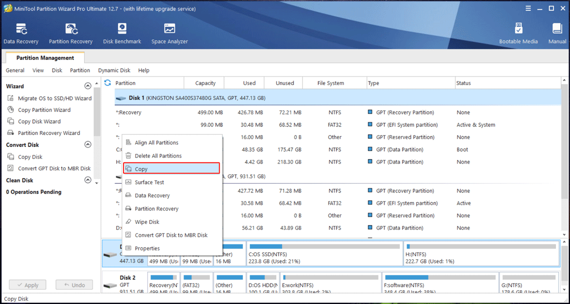 MiniTool Partition Wizard clone disk
