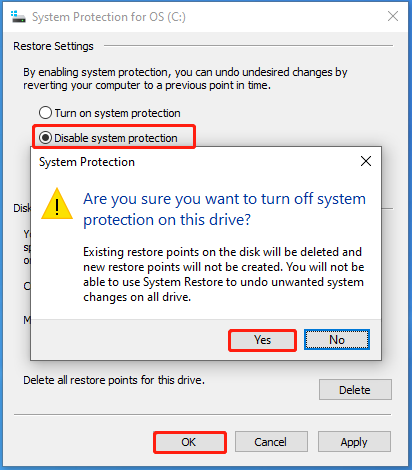 disable system protection and confirm the operation