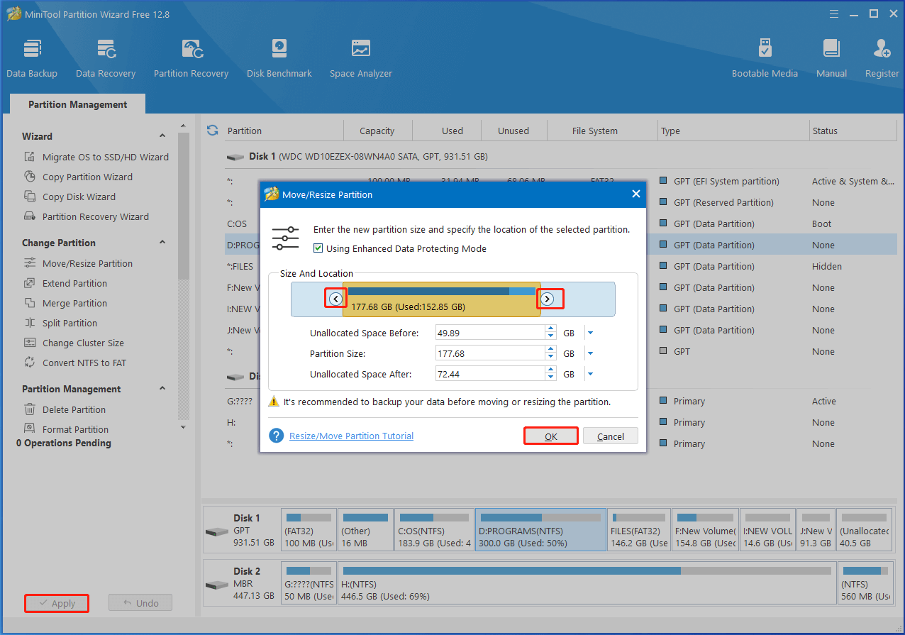 Partition Magic execute the shrink partition operation