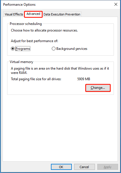 click Change under Virtual memory