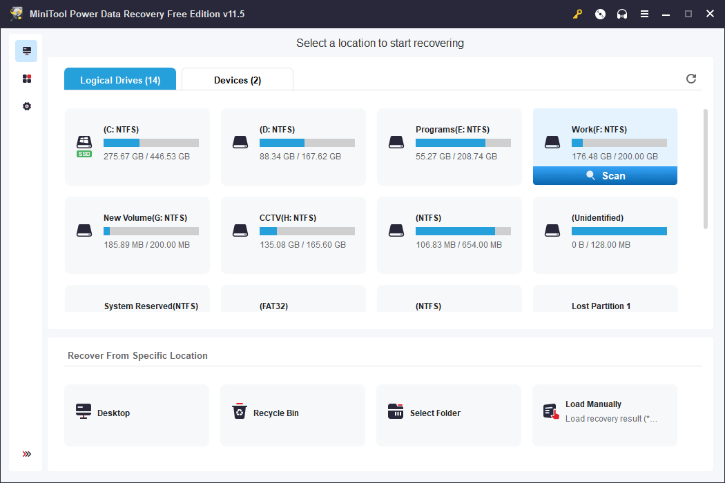 MiniTool Power Data Recovery seleccione una unidad para escanear en busca de archivos faltantes