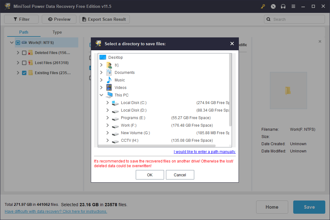 Seleccione un directorio para guardar archivos MiniTool Power Data Recovery
