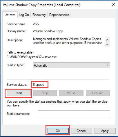make sure Service status is Start and click OK to continue 