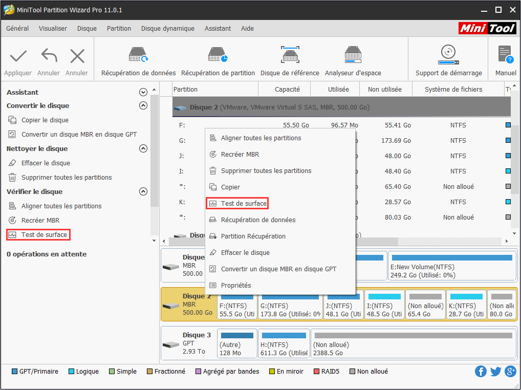 cliquez sur le disque cible pour sélectionner Test de surface