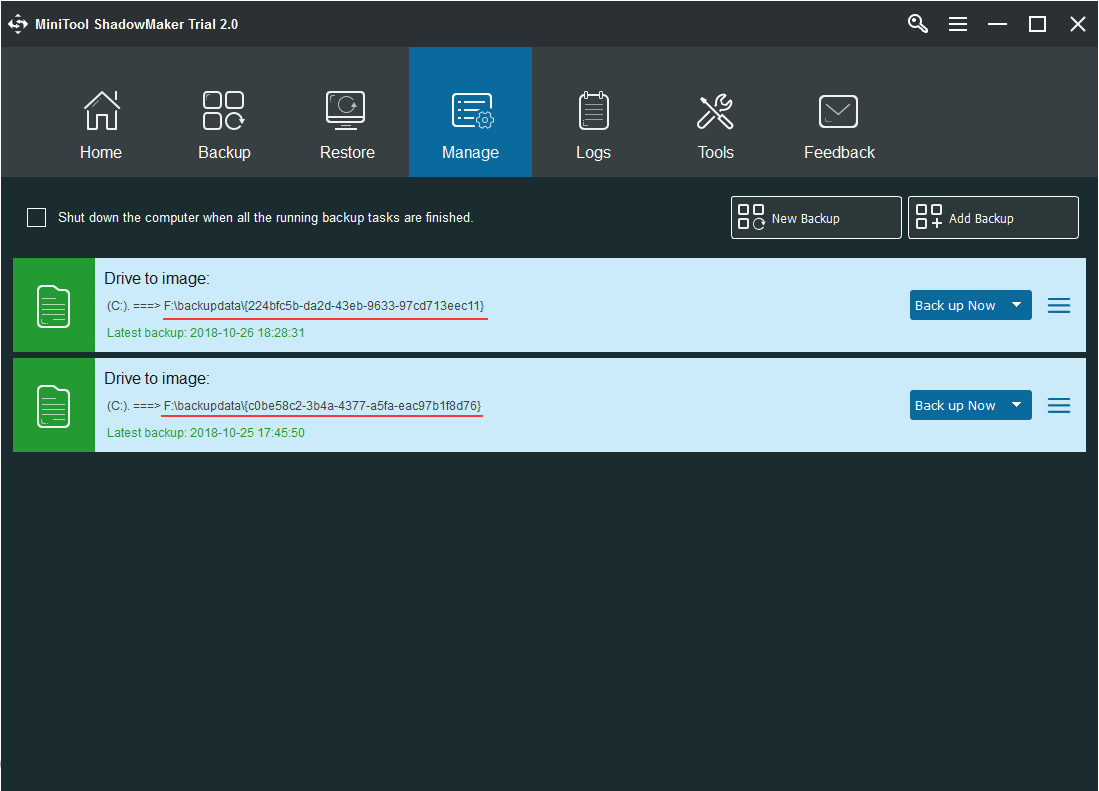 different backup folder names in Manage page
