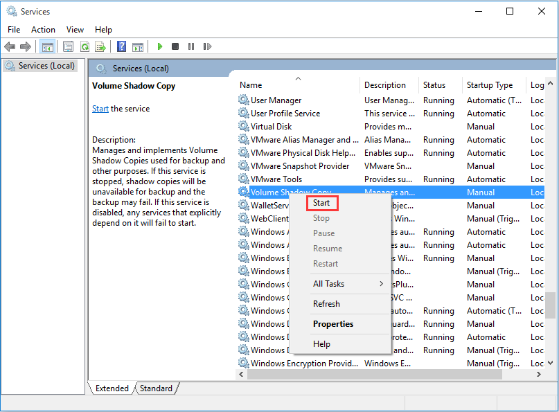 start Volume Shadow Copy service